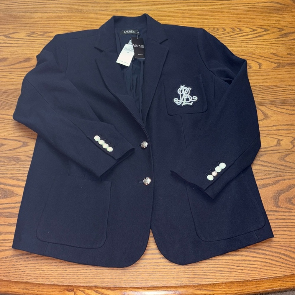 NEW $235 Woman’s 2X Ralph Lauren BIG LOGO Navy Blue Cotton Blazer Suit Jacket